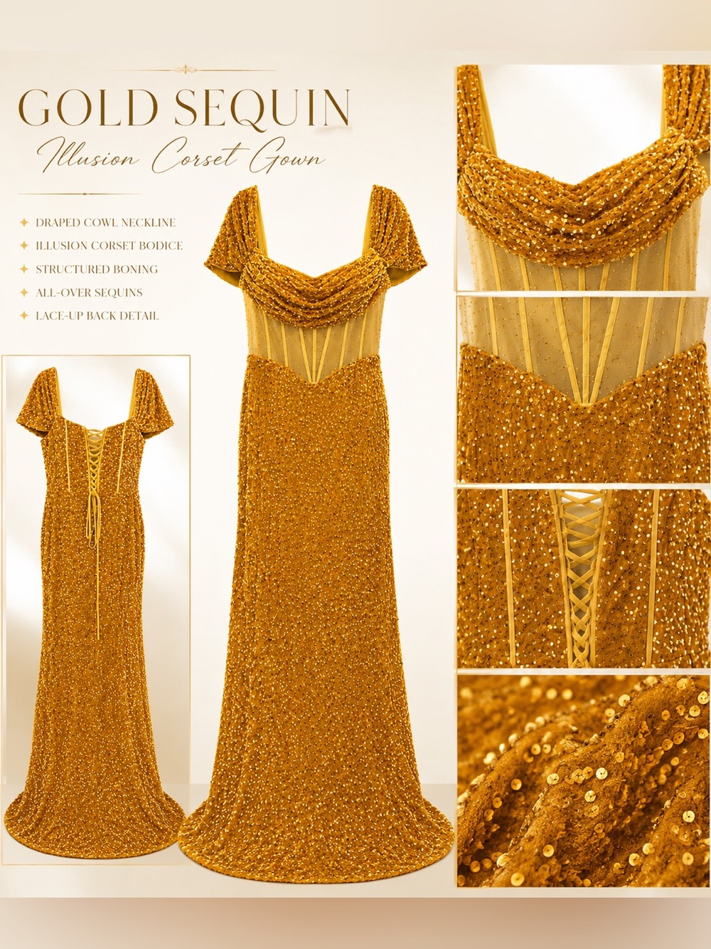 Sequin Corset Back Gold Mermaid Gown Size 18 NWOT Formal Evening Dress - Picture 3 of 9